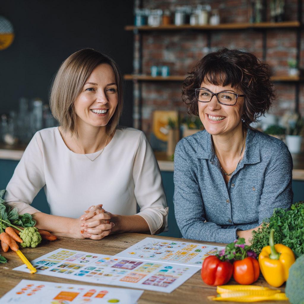 Ukrainian woman using mobile app to track her healthy meals with fresh vegetables and nutritious foods